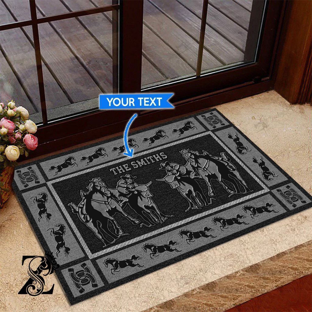 Steer Wrestling-Black Version Personalized Doormat Dvj20120709