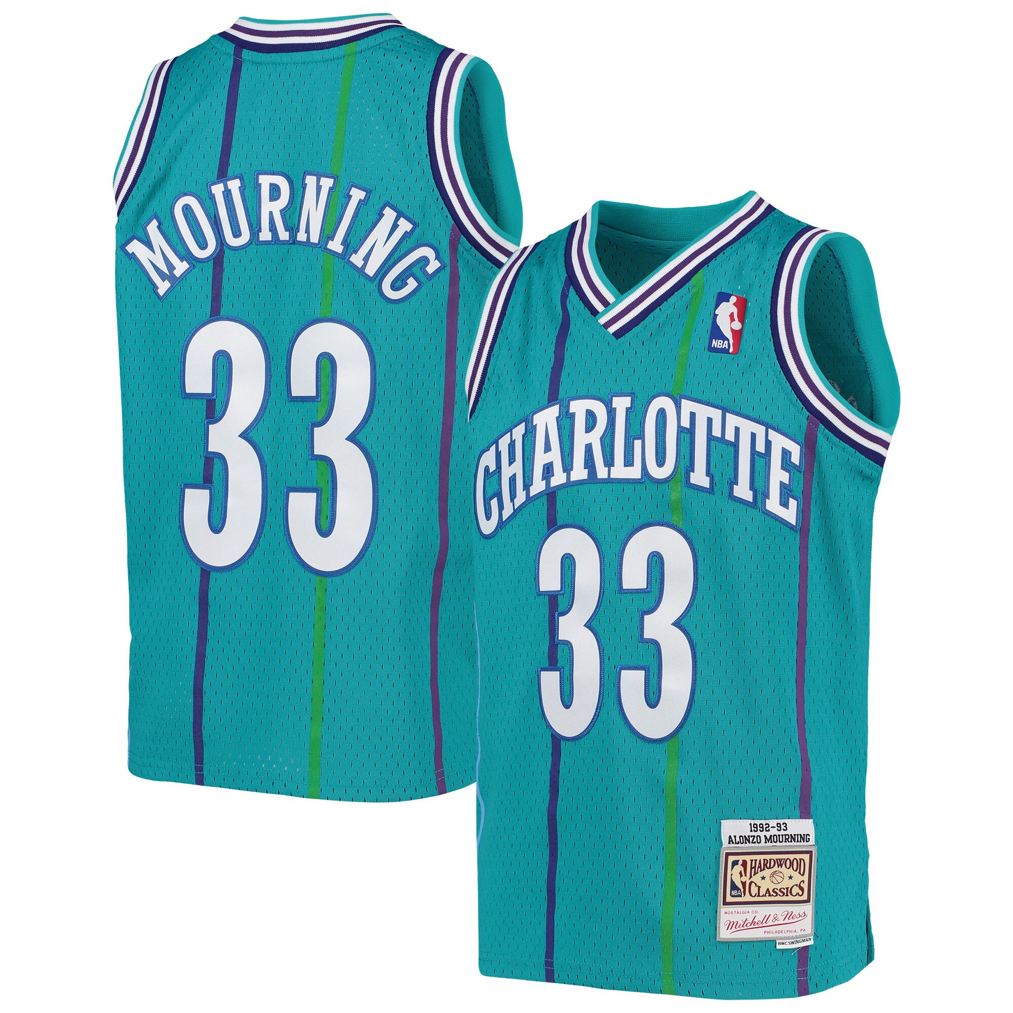 Youth Mitchell & Ness Alonzo Mourning Teal Charlotte Hornets 1992-93 Hardwood Classics Swingman Jersey