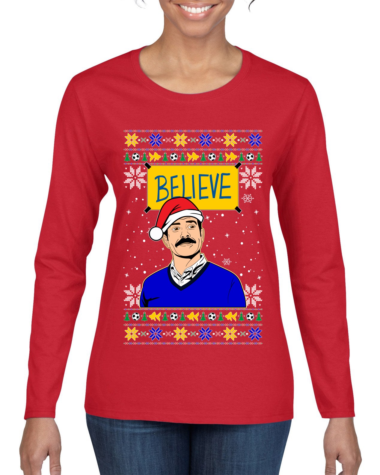 Believe Merry Christmas Ted Ugly Christmas Sweater Womens Graphic Long Sleeve T-Shirt