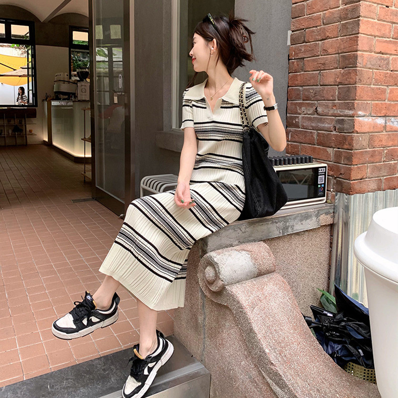 All Season Spring Summer Soft Fashion Women’s Pullover Dress Striped High Elastic Lapel Casual Simple All-Match alx