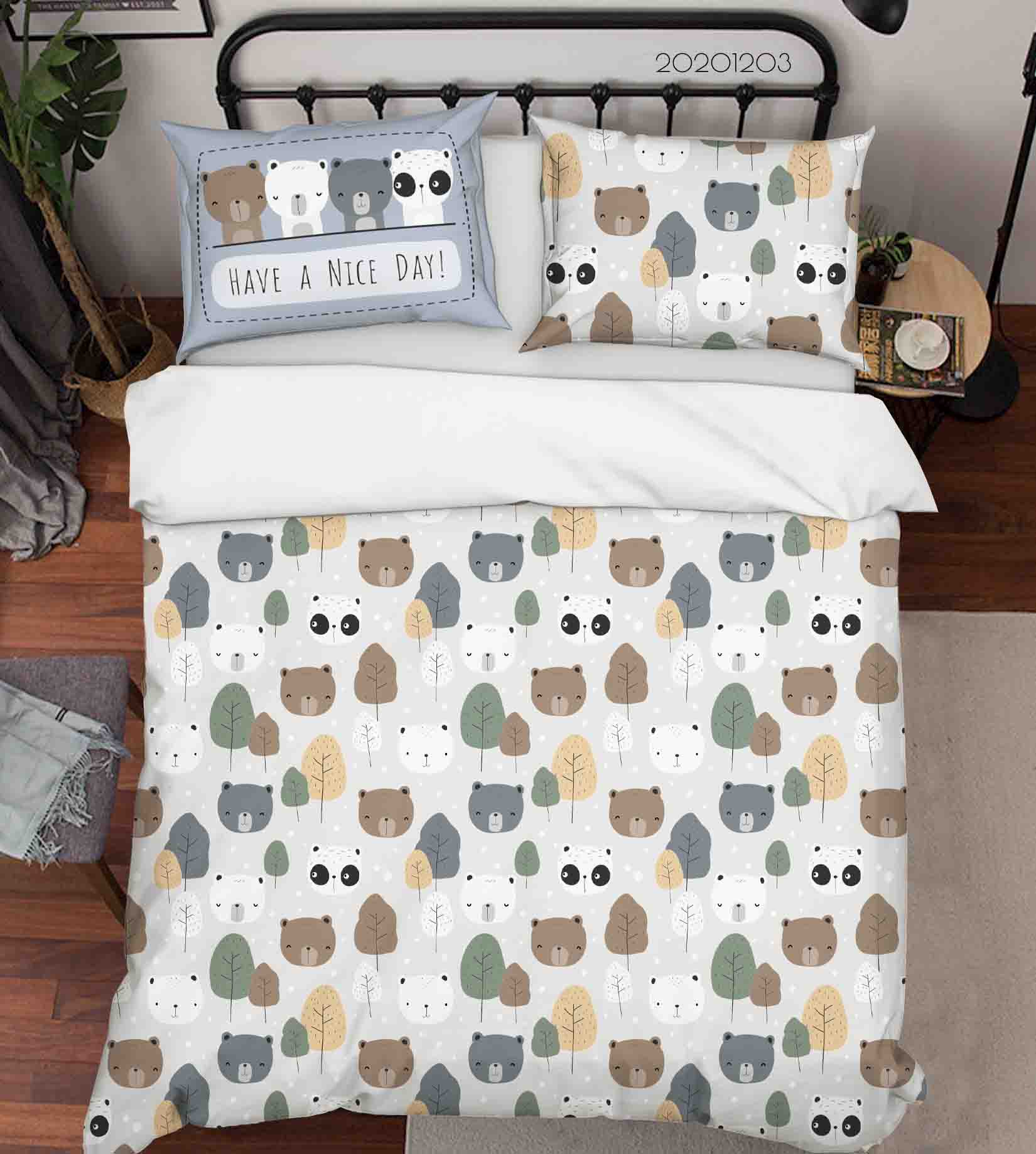 3D Cartoon Hand Drawn Cute Bear Panda Colorful Tree Plant Illustration Animal Quilt Cover Set Bedding Set Duvet Cover Pillowcases Lxl