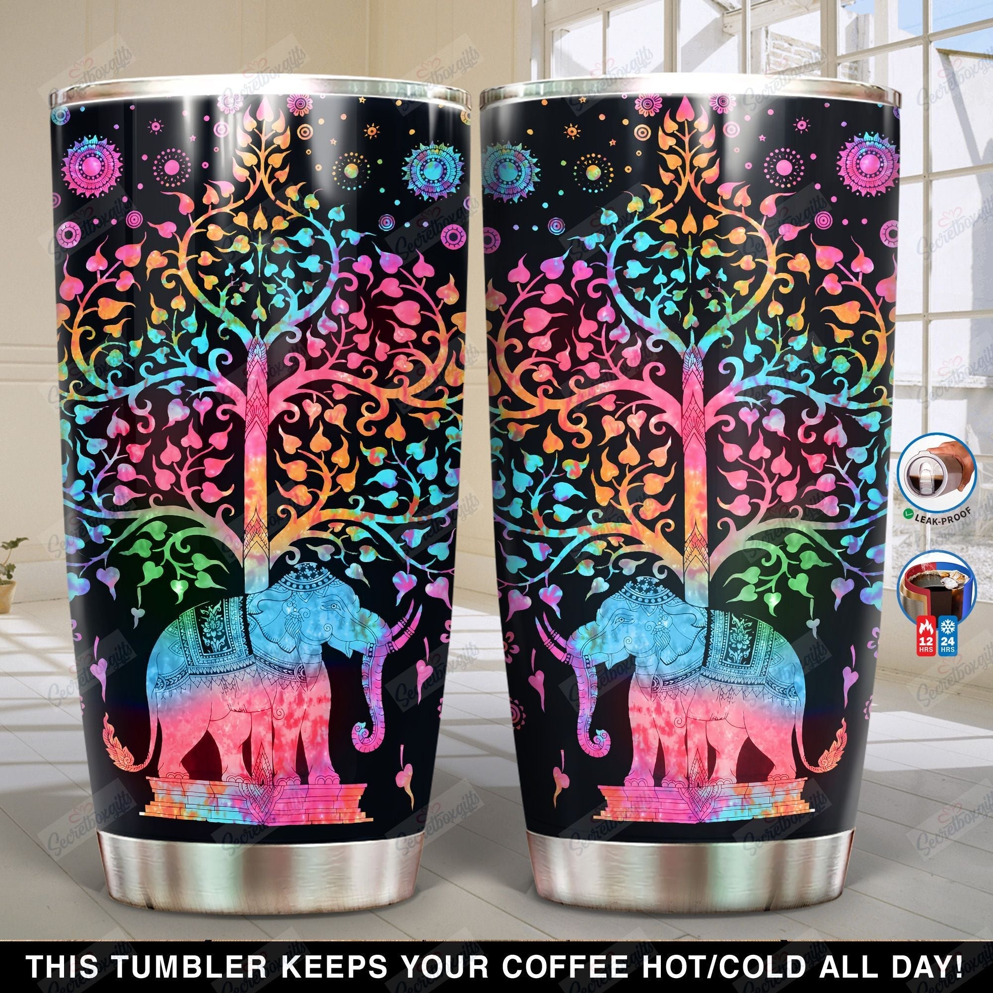 Personalized Elephant And Tree Color Ni0102006Yl Stainless Steel Tumbler Travel Customize Name, Text, Number, Image