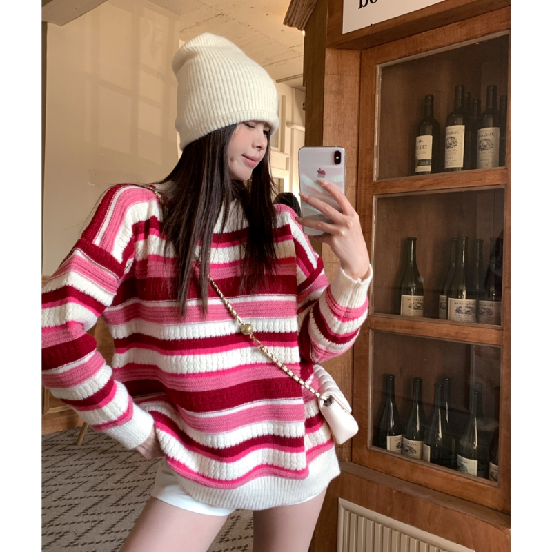 Women Pink Sweater Stripe Korean Fashion Vintage Leisure Lazy Wind Loose Winter New Female Thicken Warm Knitting Pullover alx