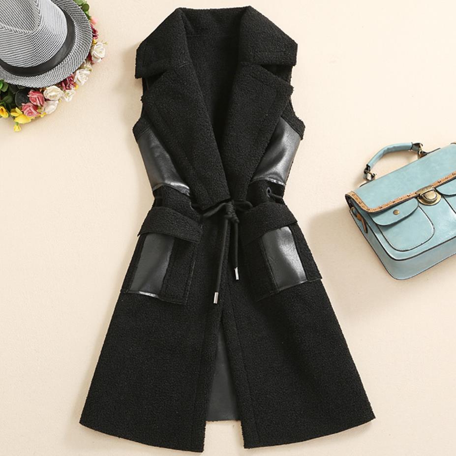 Winter Black Leather Vest Faux Fur Jacket Sleeveless women Warmer Long Style Waistcoat with Fur Pockets alx