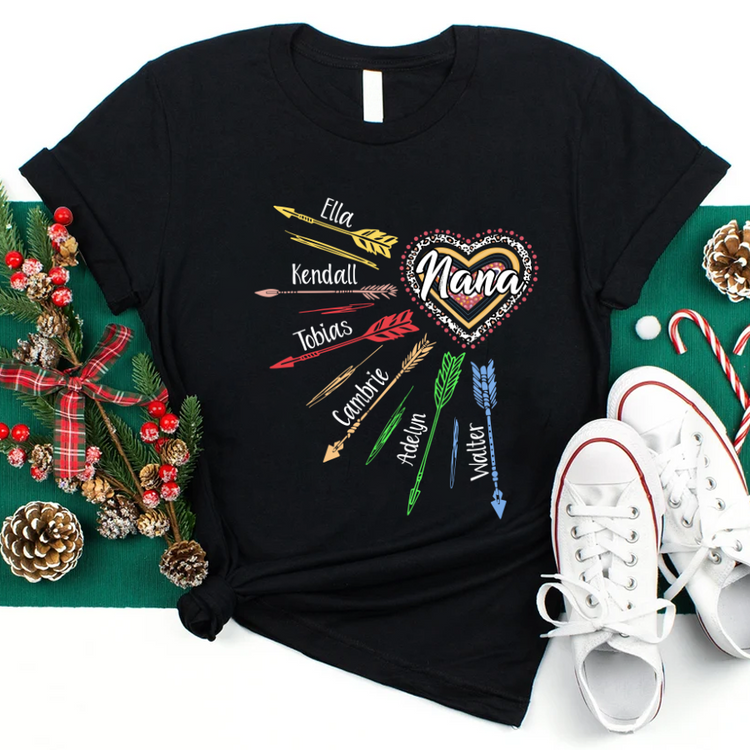Personalized T-Shirt For Grandma Nana Heart Rainbow Color Arrow Printed Custom Grandkids Name Mother’S Day Shirt