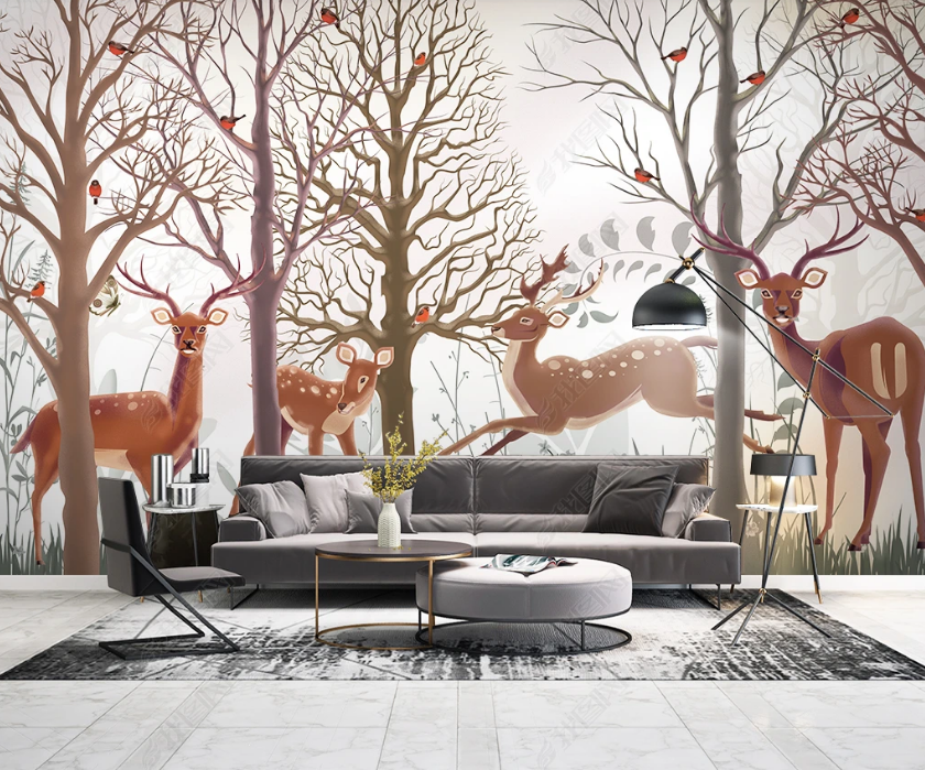 3D Hand Drawn Forest Animal Sika Deer Wall Mural Wallpaper Lqh 24