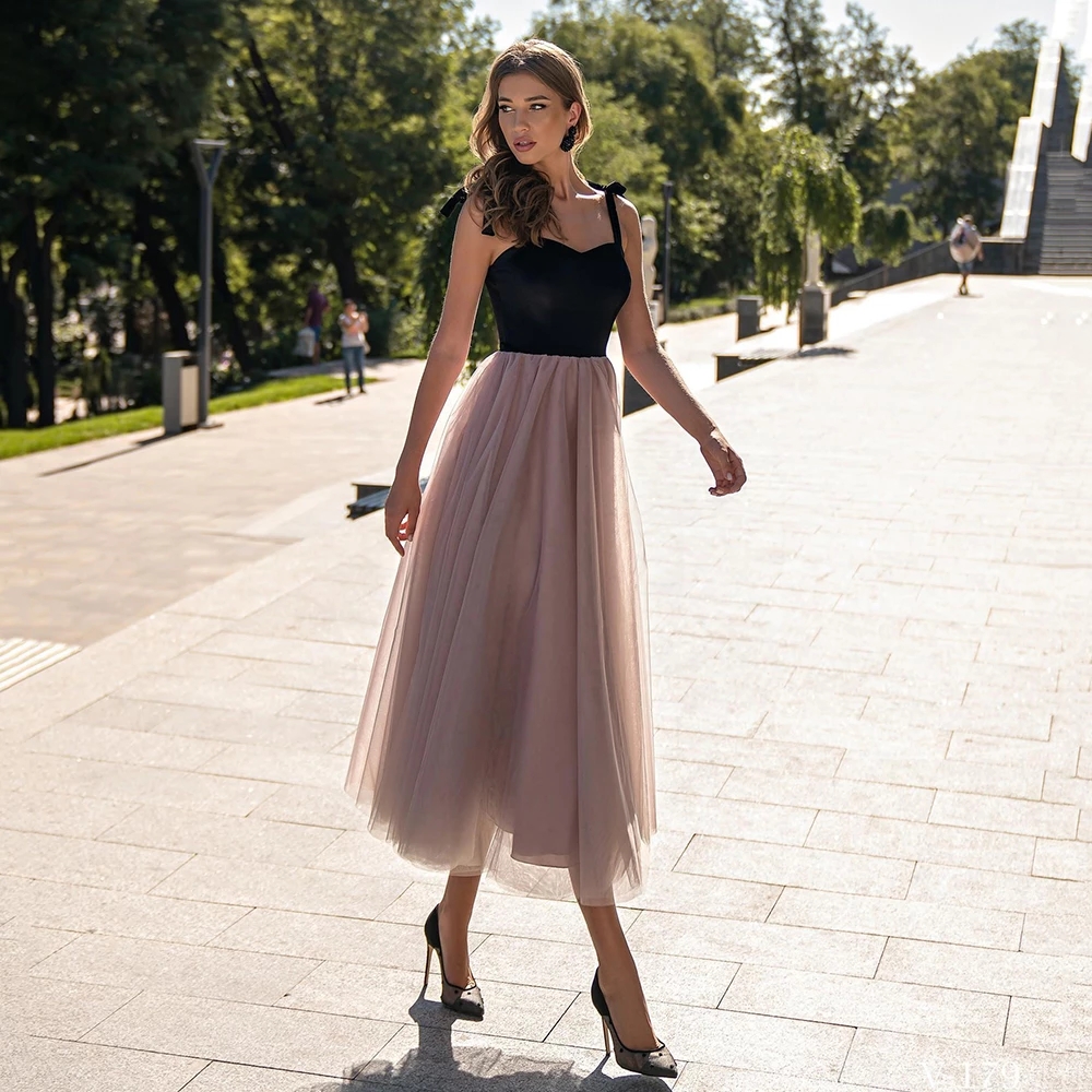 Weiyin AE0621 Tulle Spaghetti Prom Dresses A Line Velvet Top Sexy Girls Cocktail Dresses Tea Length Homecoming Dresses alx