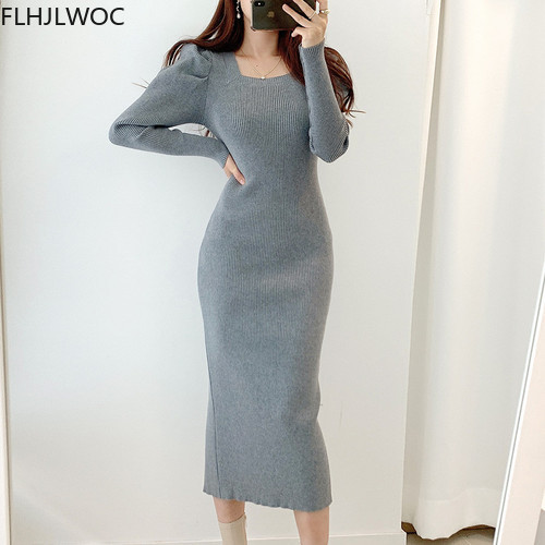 Stretchable Split Knitted Sweater Dress Long Pencil Bodycon Bandage Hot Fall Winter Basic Gray Black Long Feminine Vestidos alx