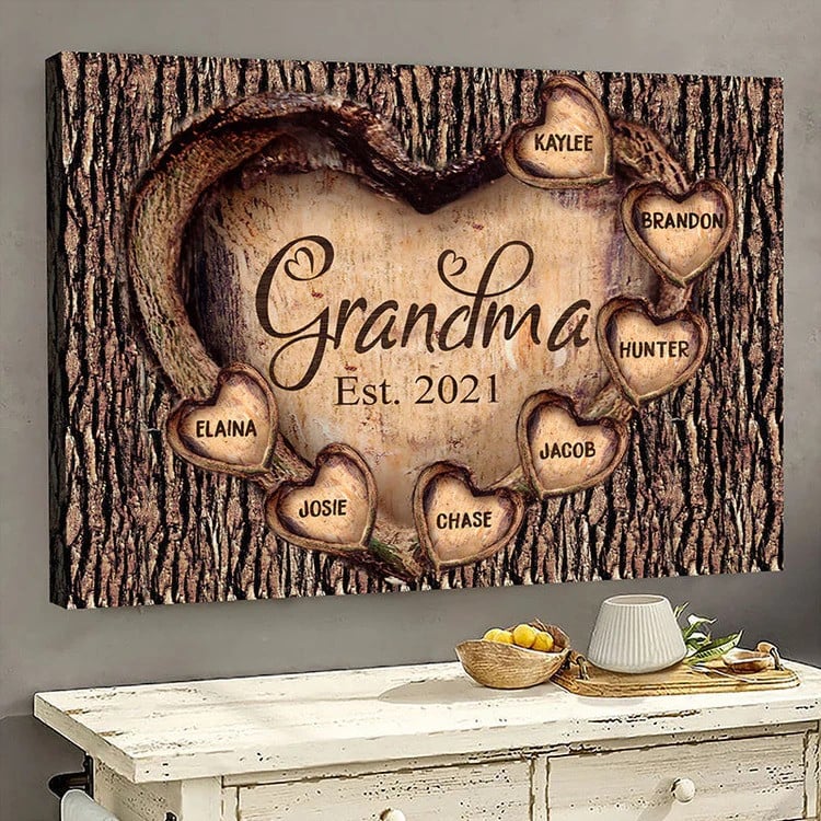 Personalized Grandma Heat Tree Shaped Canvas Prints For Mother’S Day, Grandma And Grandkid Wall Art