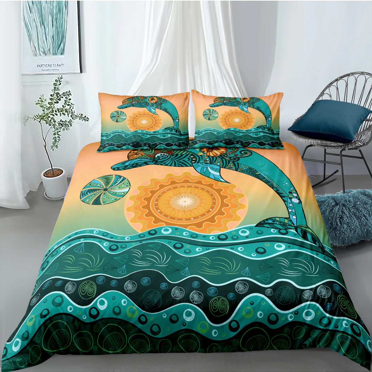 Home Textiles 3D Dolphin Bedding Set Adults Bedroom Decor Bohemian Duvet Cover King Queen Size Print Bed Set