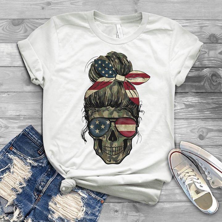 Old Lady Camo Skull America Flag For Lovers Cotton T Shirt