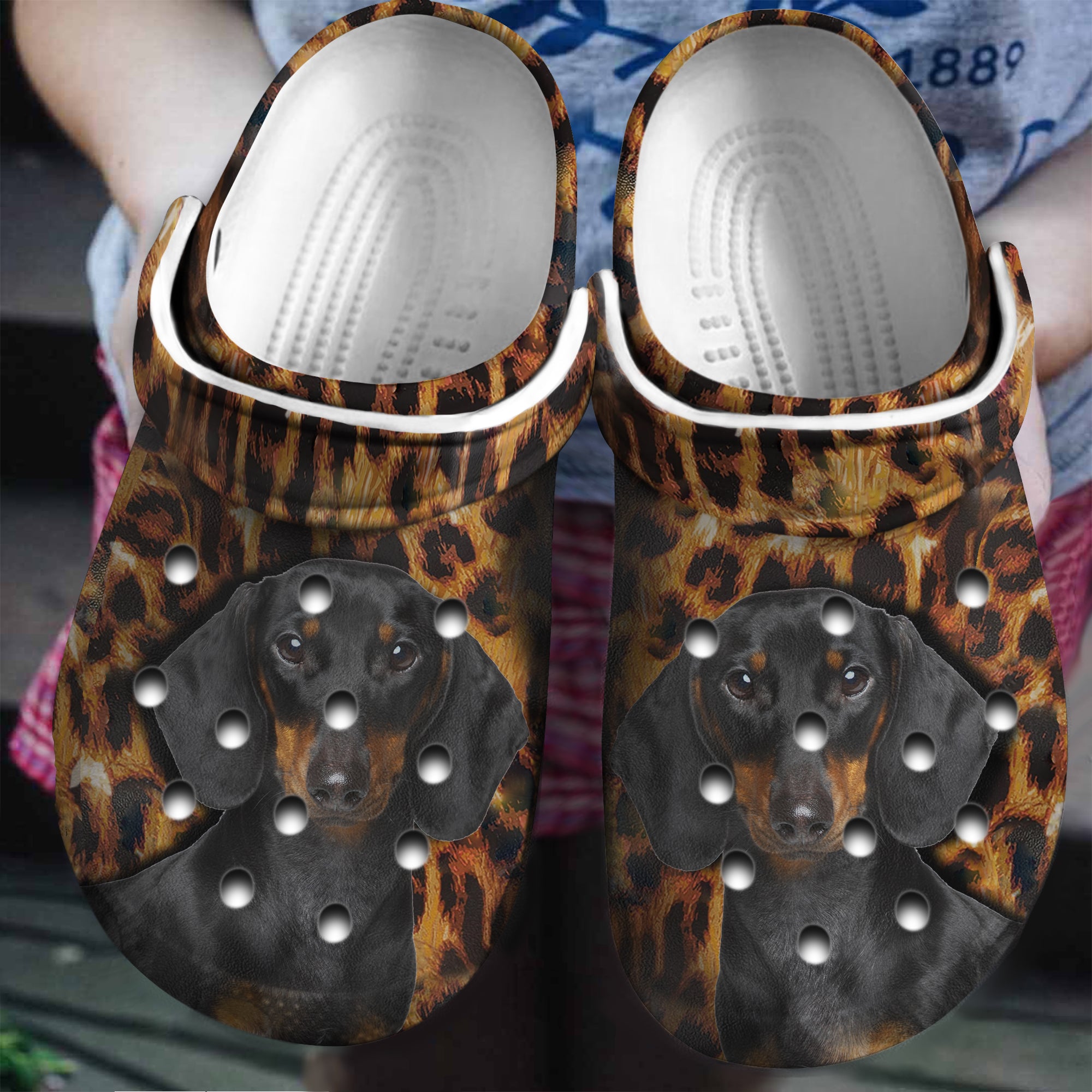 Dachshund Clogs Shoes With Leopard Background