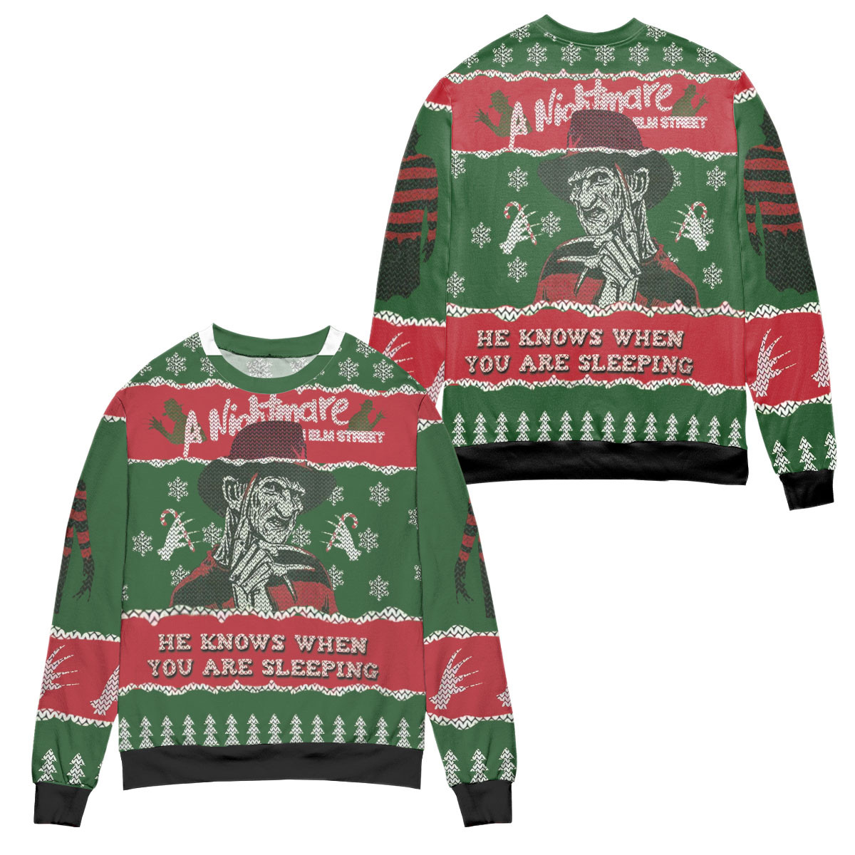 Nightmare On Elm Street He Knows Ugly Christmas Sweater – All Over Print 3D Sweater – Green Red