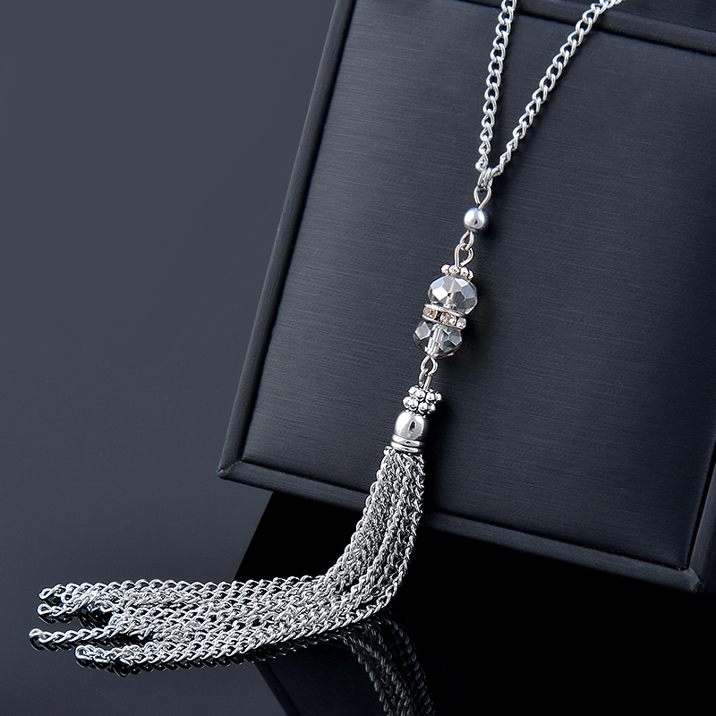 SINLEERY Square Crystal Pendant Long Tassel Necklace Women Wholesale Silver Color Necklace Sweater Chain Female Gifts ZD1 SSB alx