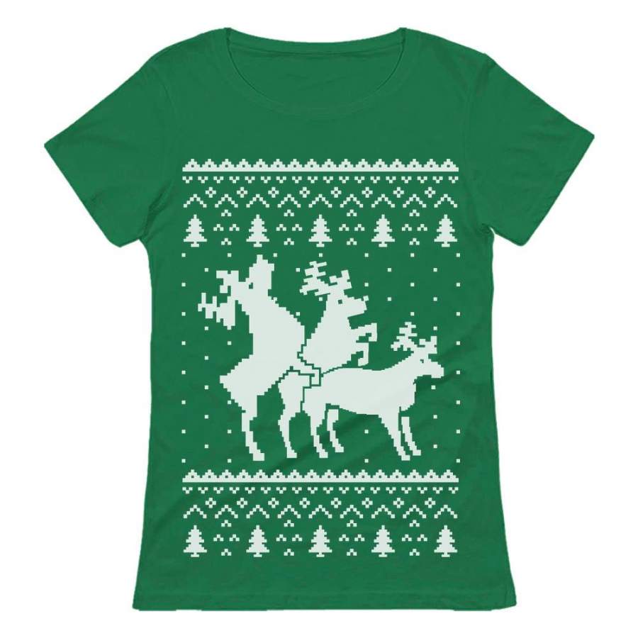 Ugly Christmas Party Sweater Humping Reindeer Threesom Women T-Shirt