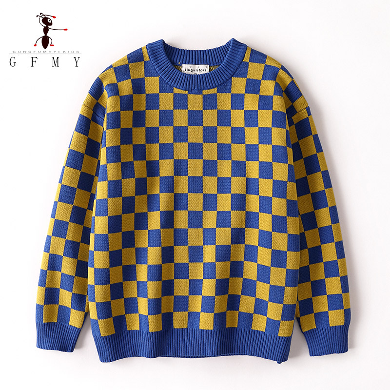 2022 GFMY Autumn Winter Grid Boys Knitted Sweater Mink Velvet Warm Long Sleeve Tops Children’s O- neck Pullover Knitwear alx