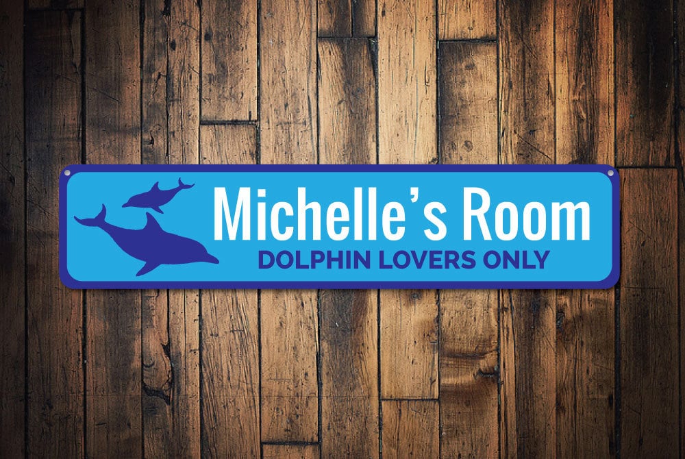 Dolphin Sign, Custom Kid Name Room Sign, Dolphin Lovers Only Sign, Personalized Child Beach Bedroom Decor Gift – Quality Aluminum Room Sign