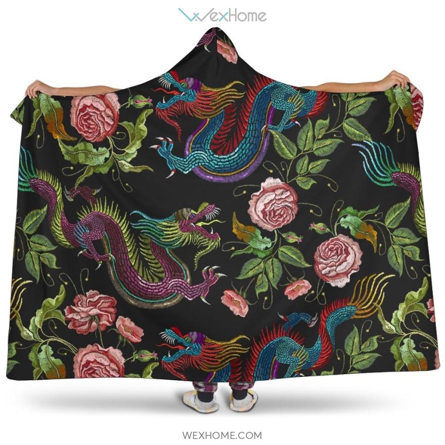 Dragons Flower Pattern Hooded Blanket