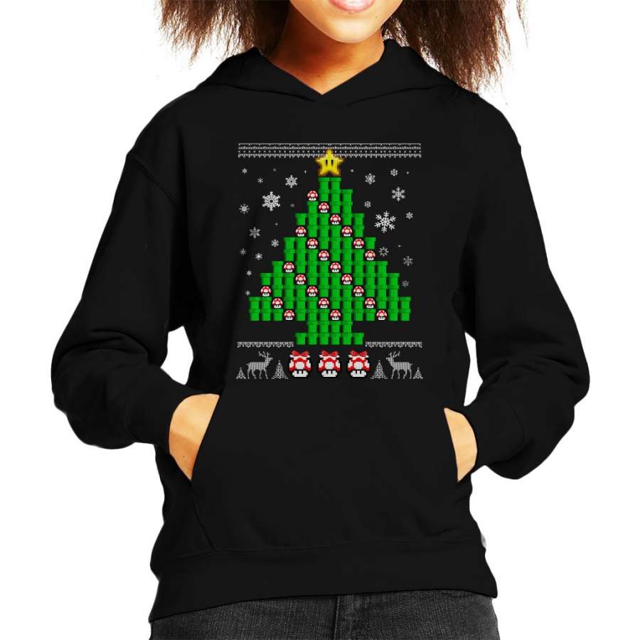 Super Mario Mushroom Christmas Tree Kid’s Hooded Sweatshirt