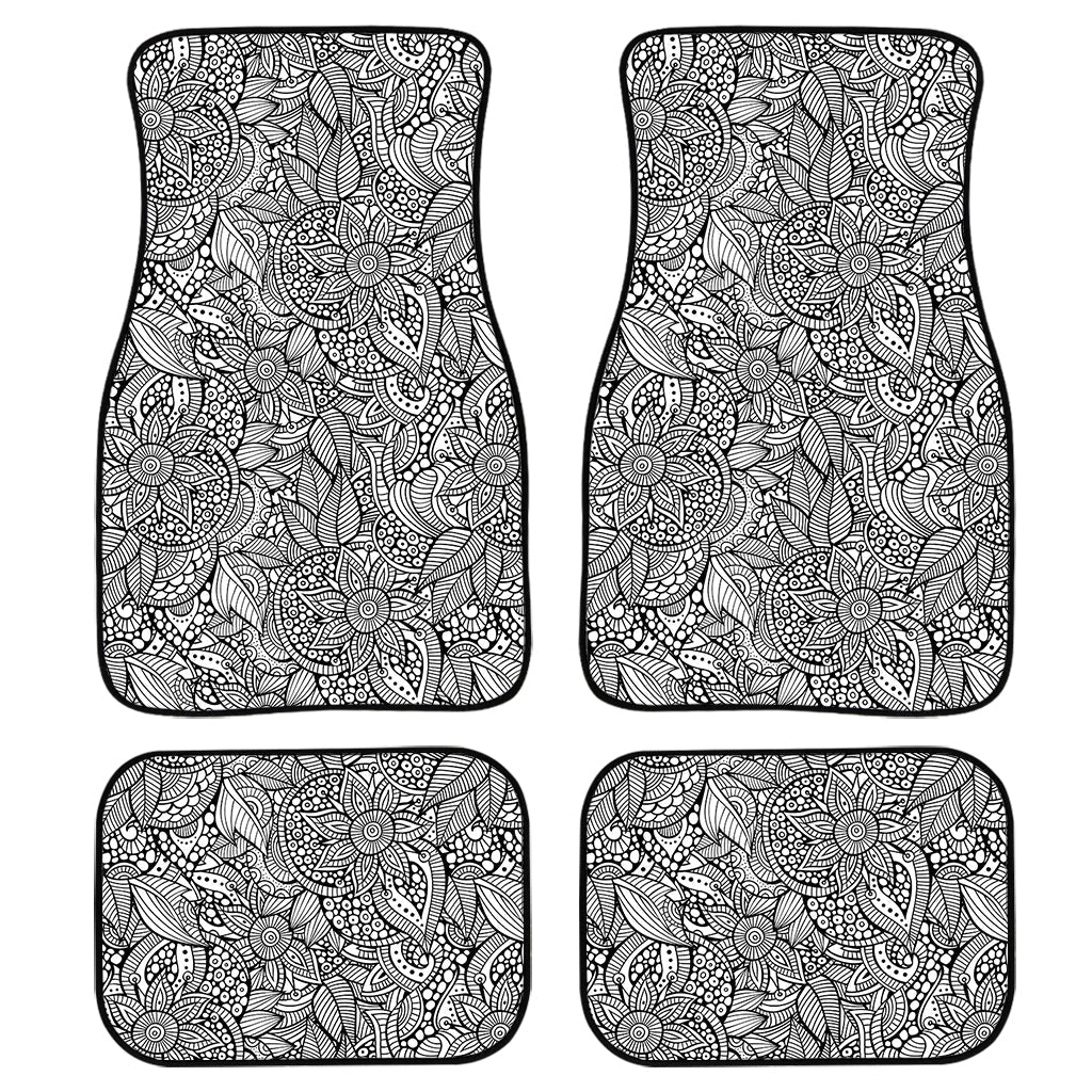 Monochrome Zentangle Pattern Print Front And Back Car Floor Mats, Front Car Mat