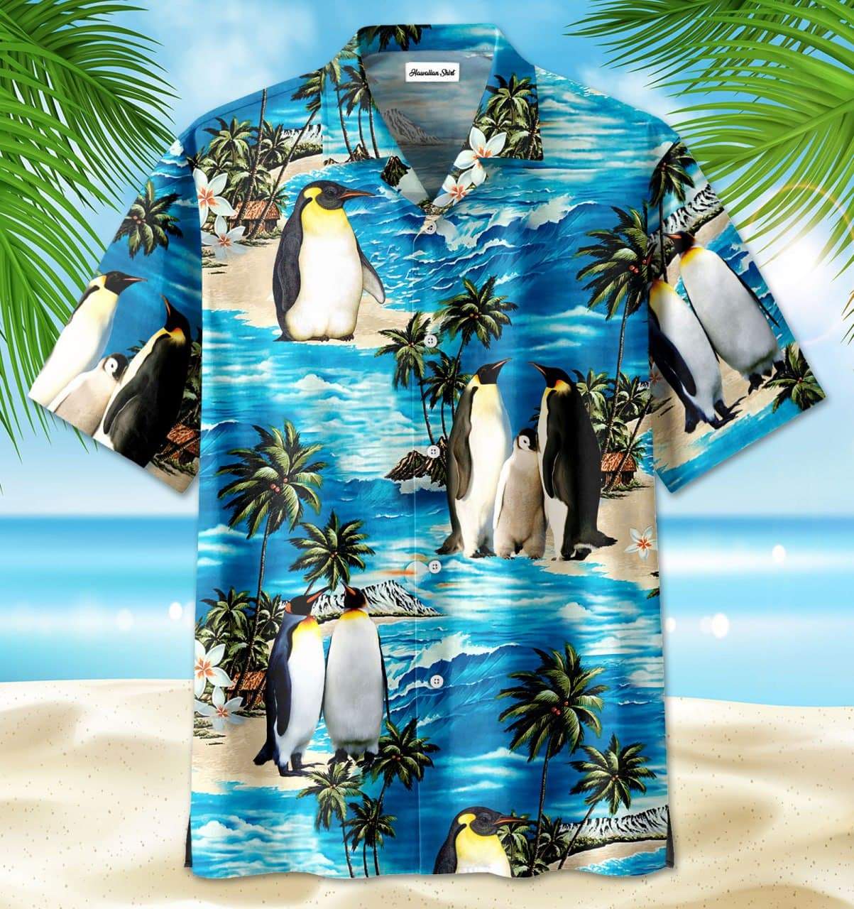 Penguin Family On Beach Unisex Hawaiian Shirts