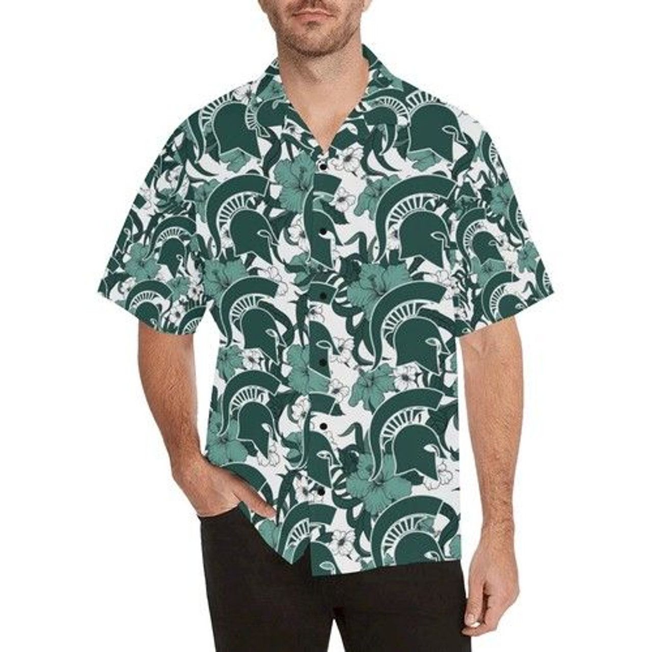 NCCA Michigan State Spartans Hibiscus Green Hawaiian Shirt