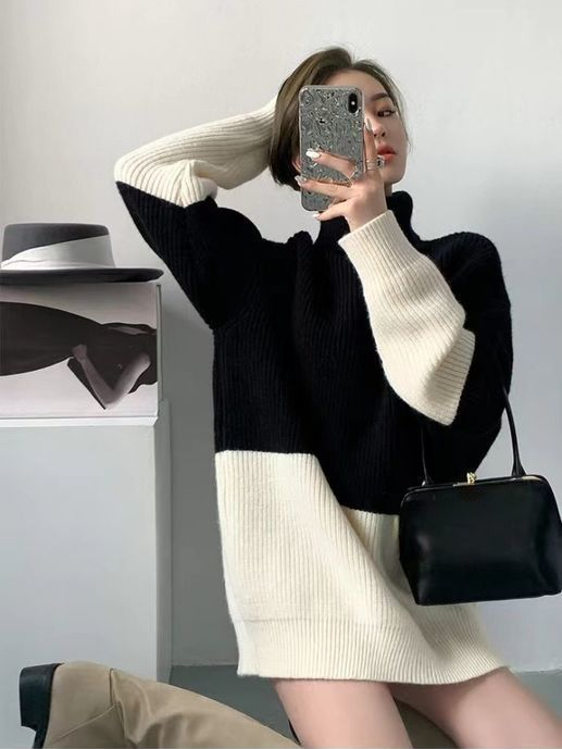 Thick Sweaters Purple Gentle Temperament Sweater Oversize LOOSE Long Pullovers Winter Contrast Color Knitted Women’s Turtleneck alx