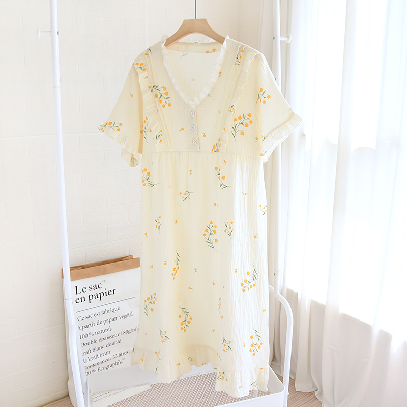 Summer Nightdress Pajamas Crepe Cotton Sweet And Cute Short-Sleeve Sleepwear Women Femme Pijama Pyjama Homewear Muje Mid-Skirt alx