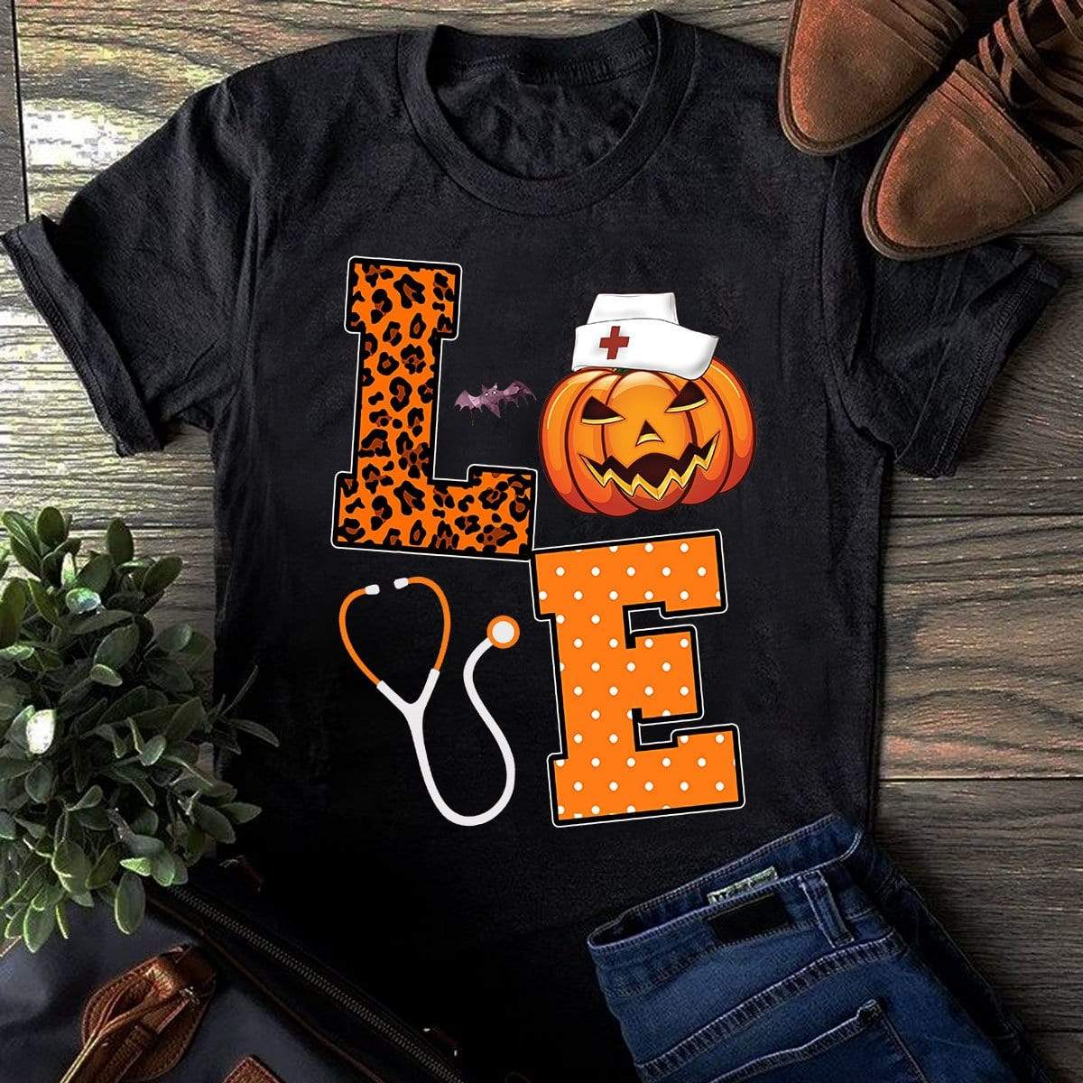 Nurse Love Pumpkin Stethoscope Leopard Halloween Costume Shirt – Dxtee