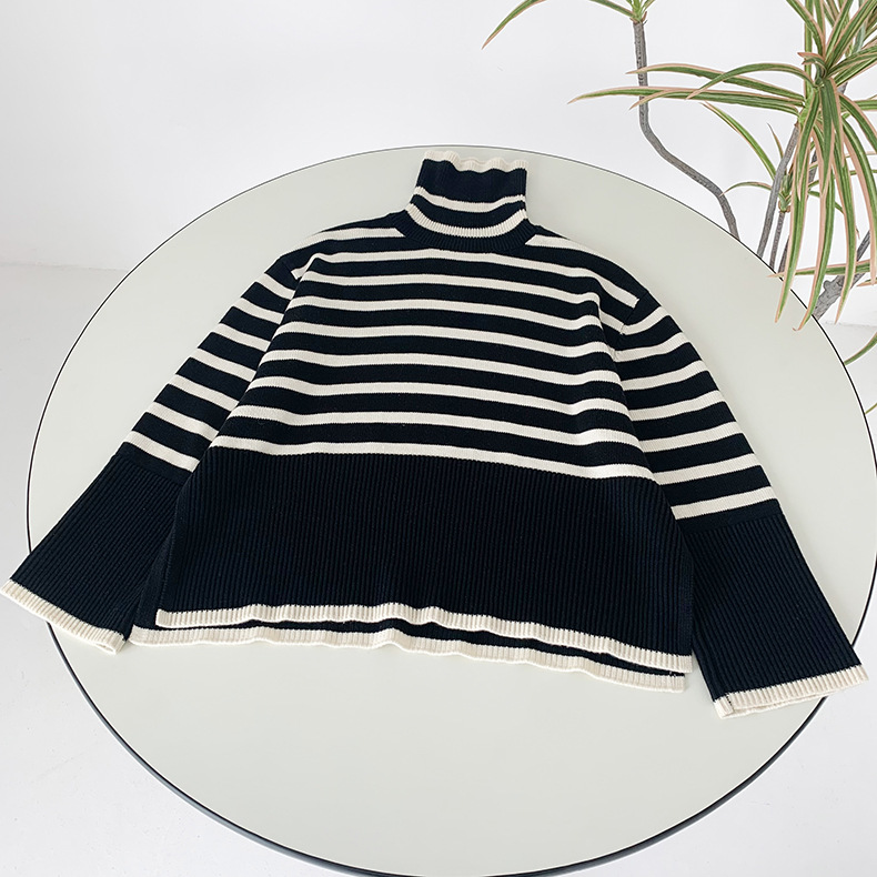 Turtleneck Sweater Women Knit Pullover Hem Slit Loose Stripes Long Sleeve Female Retro Jumper Tops 2021 Early Autumn alx