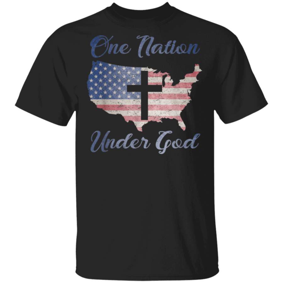 ONE NATION UNDER GOD Christian Cross American Flag Map Gift TShirt