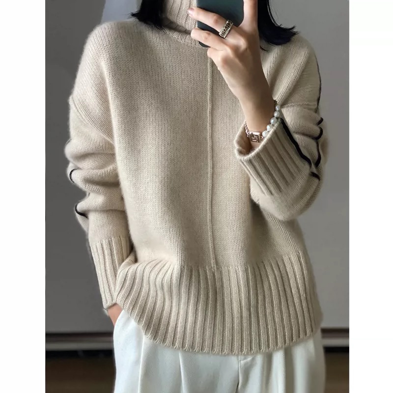 Autumn Winter New 100%Cashmere Wool Turtleneck Sweater Women Loose Thick Soft Warm Color Matching Knitted Bottoming Shirt Female alx