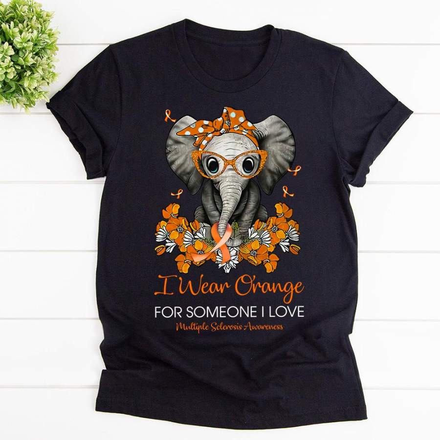 Mutiple sclerosis awearness cute elephant I wear orange for someone I love flower black cotton t shirt for men and women S-6XL