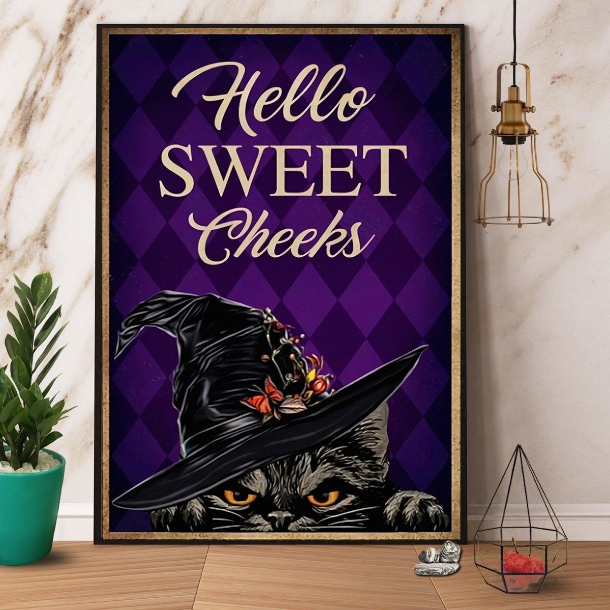 Black Cat Witch Hiding Hello Sweet Cheek Happy Halloween Poster No Frame Matte Canvas, Wall Decor Visual Art