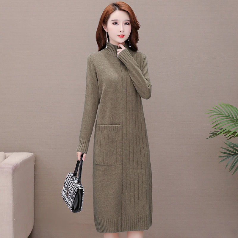 Solid Striped Turtleneck Sweater Dress Elegant Single Pocket Midi Straight Dress Winter Warm Thick Knitted Bottoming Dress 2022 alx