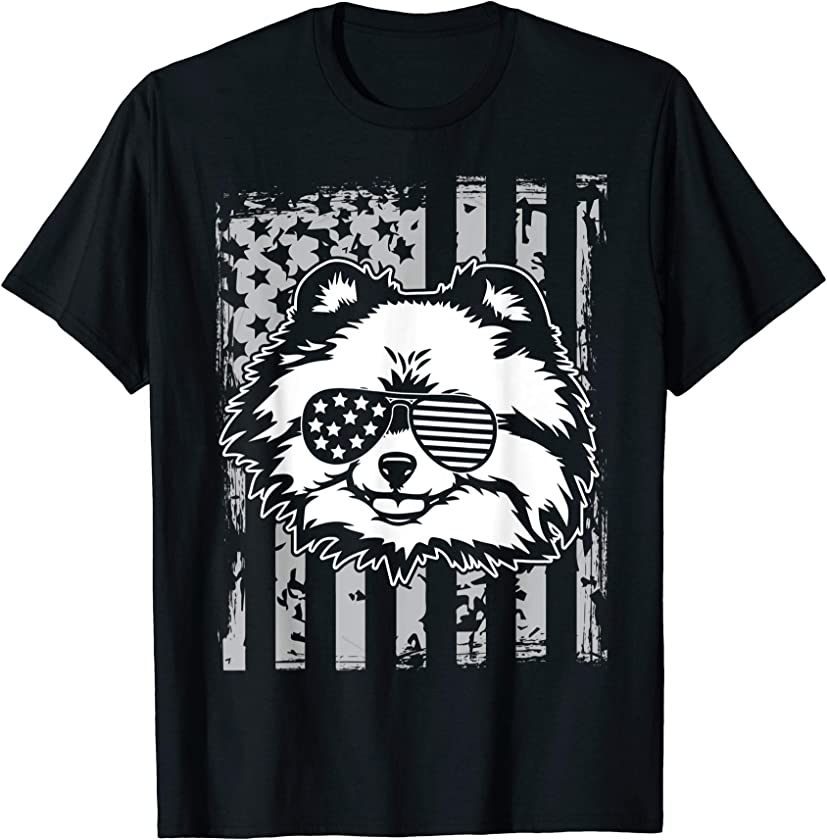 Vintage US Flag Glass Pomeranian Face 4th July Day Shirt