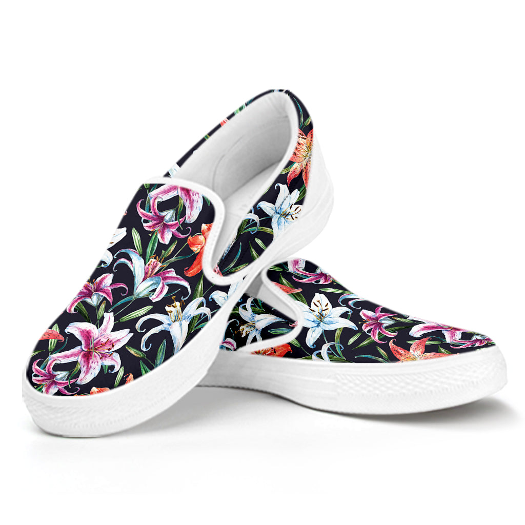 Watercolor Lily Flowers Pattern Print White Slip On Shoes