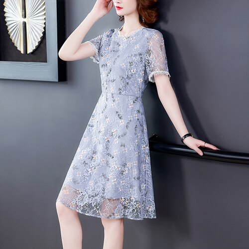 2022 Spring Summer Blue Lace Hollow Out Midi Dress Vintage Floral Runway Dresses Elegant Women Bodycon Party Vestidos alx