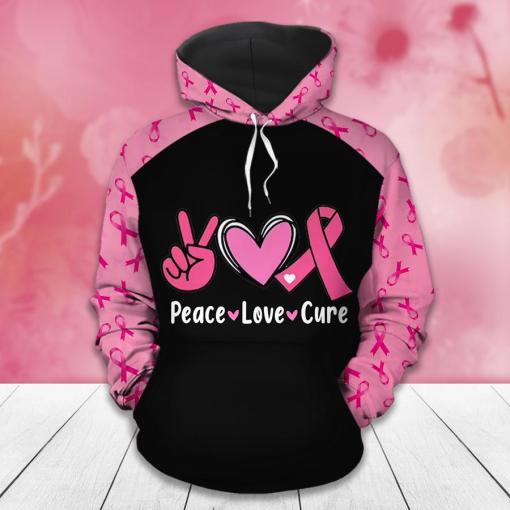 Peace Love Cure Breast Cancer Awareness Peace Hand Sign Pink Heart And Pink Ribbon Breast Cancer 3D Clothes