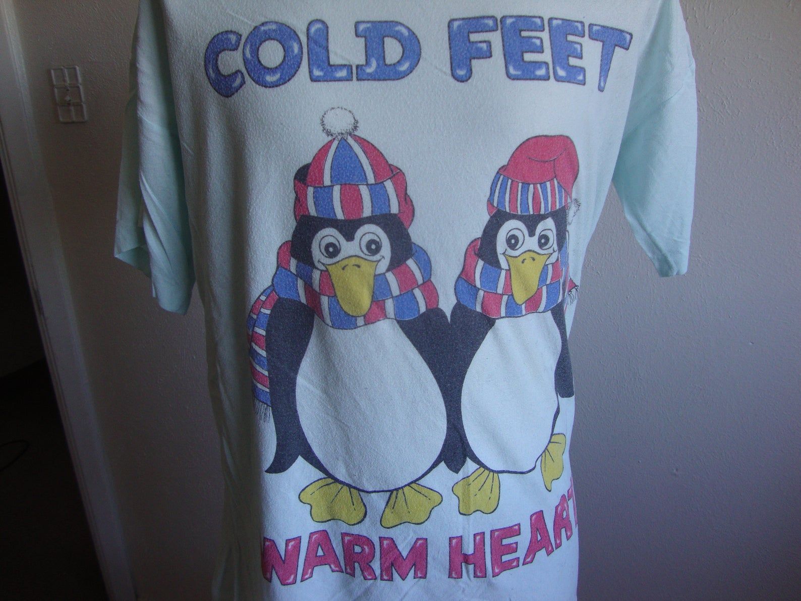 Vintage 80’s Cold Feet Warm Heart Penguins Blue Night Gown T Shirt L