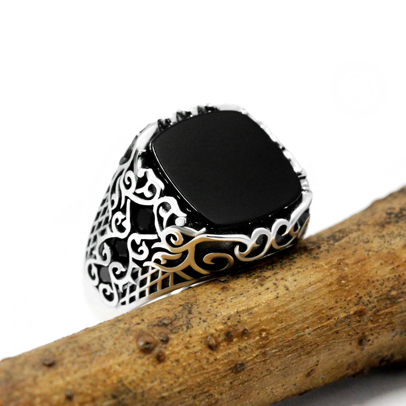 Turkish Black Onyx Men’s Ring 925 Sterling Silver Vintage Tree Rattan Butterfly Square Natural Large Stone Ring CZ Jewelry Gift alx