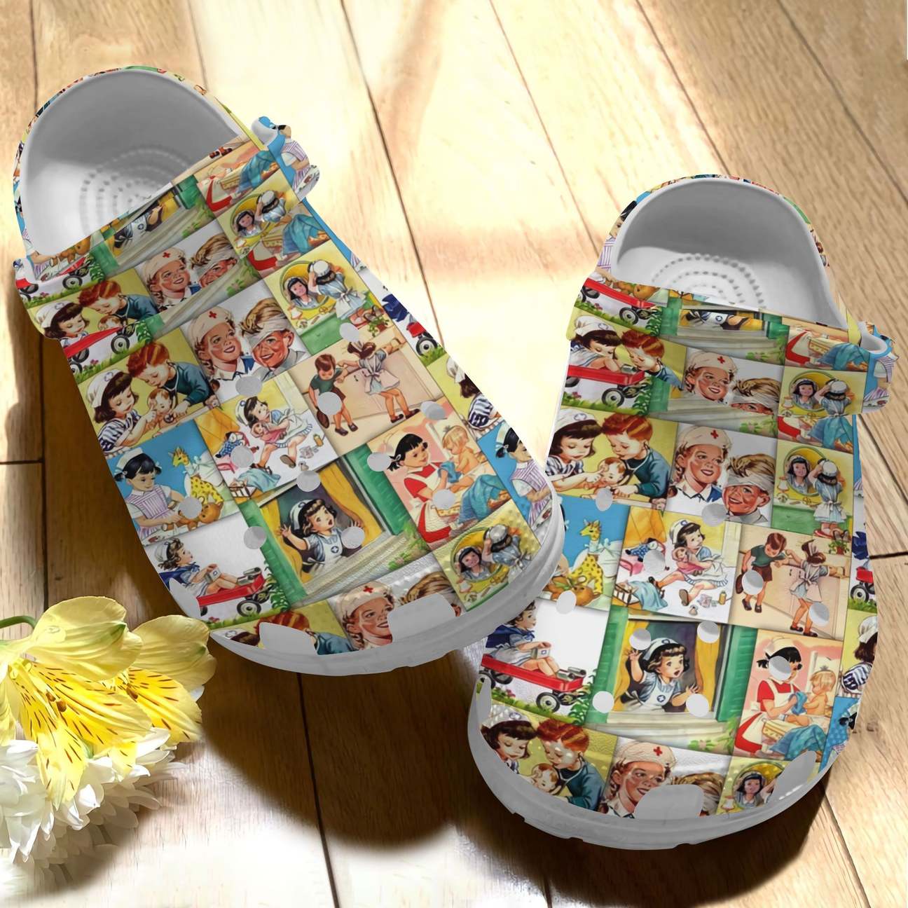 Nurse Personalize Clog, Custom Name, Text, Fashion Style For Women, Men, Kid, Print 3D Whitesole Vintage Nurse Nancy