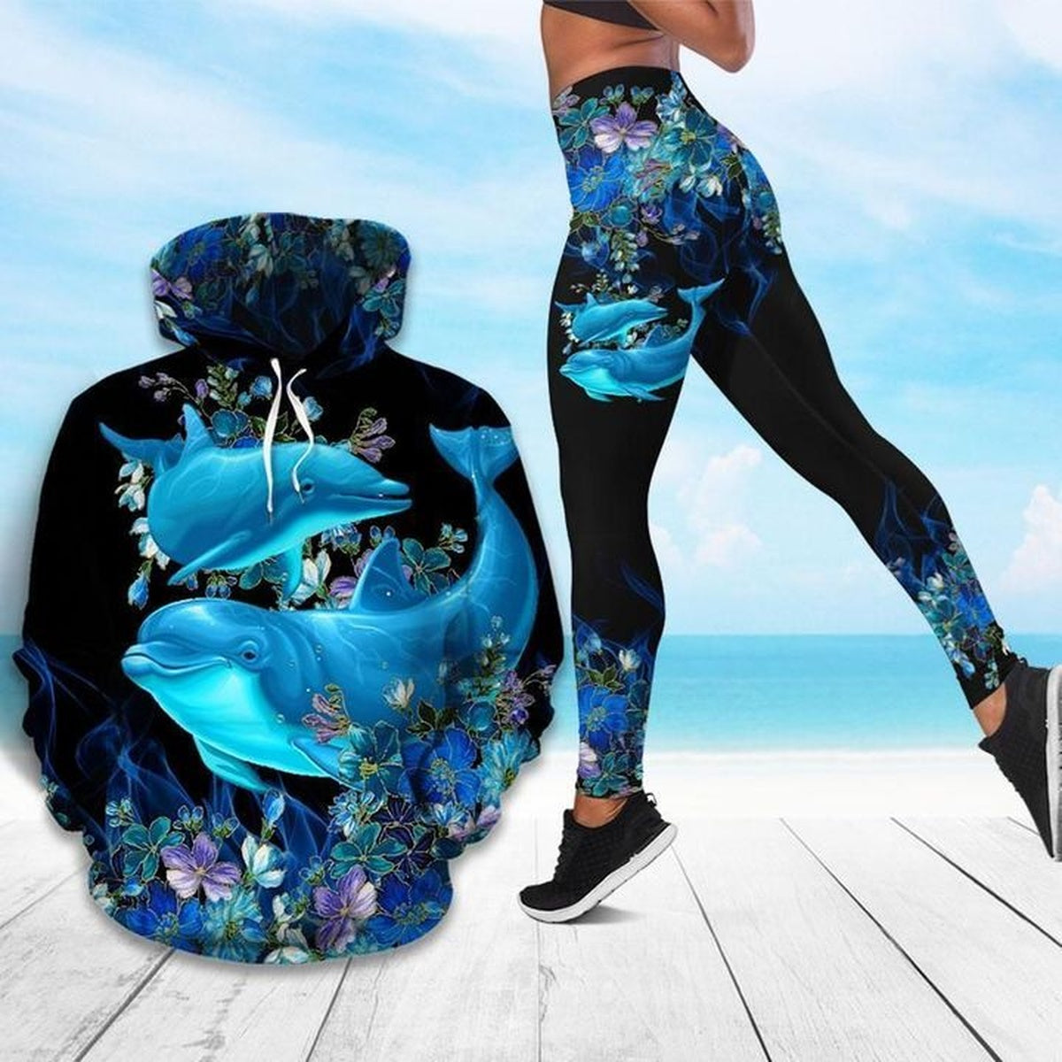 Dolphin Cute Blue Flowers Control Legging Hoodie ,  Dolphin  Legging Hoodie