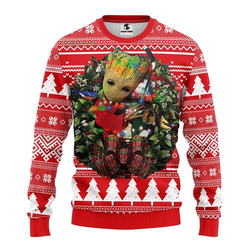 Chicago Blackhawks Groot Hug Christmas Gift For Fan Ugly Wool Sweater Christmas