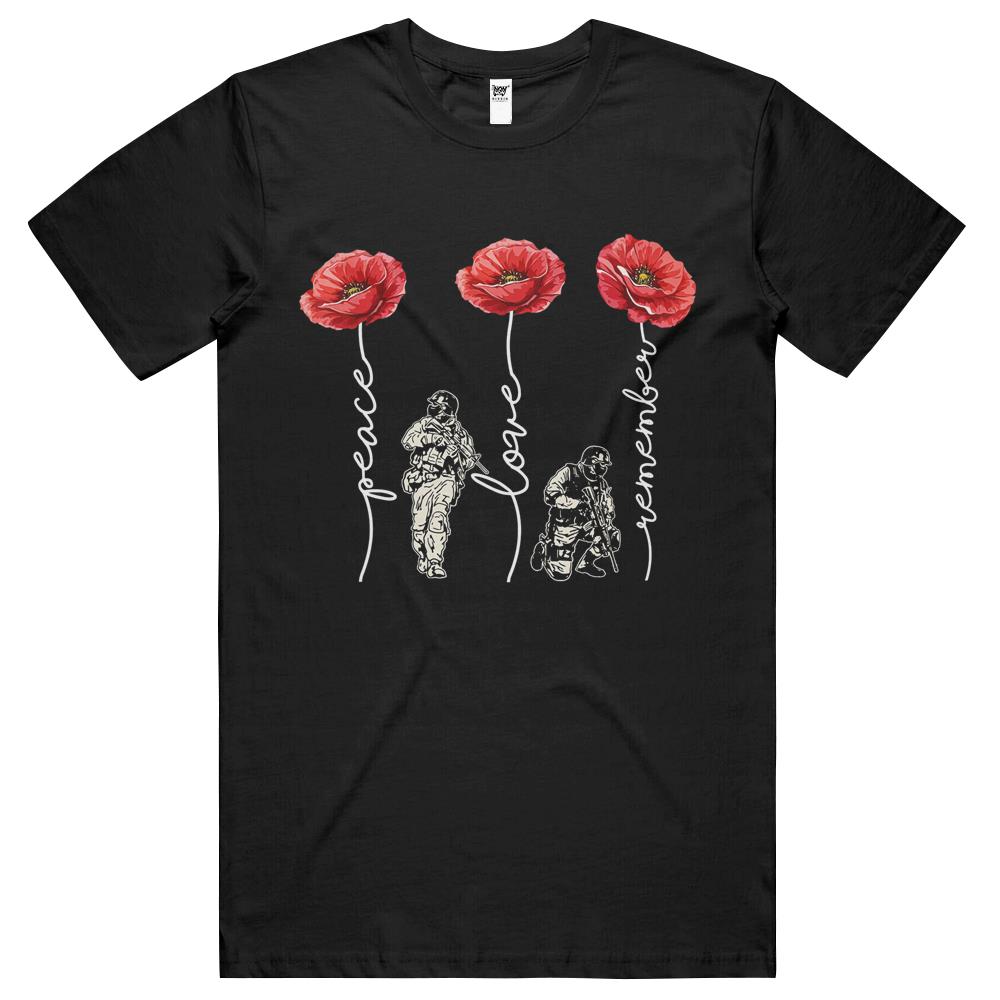 Peace Love Remember Red Poppy Flower Soldier Veteran Day T Shirts