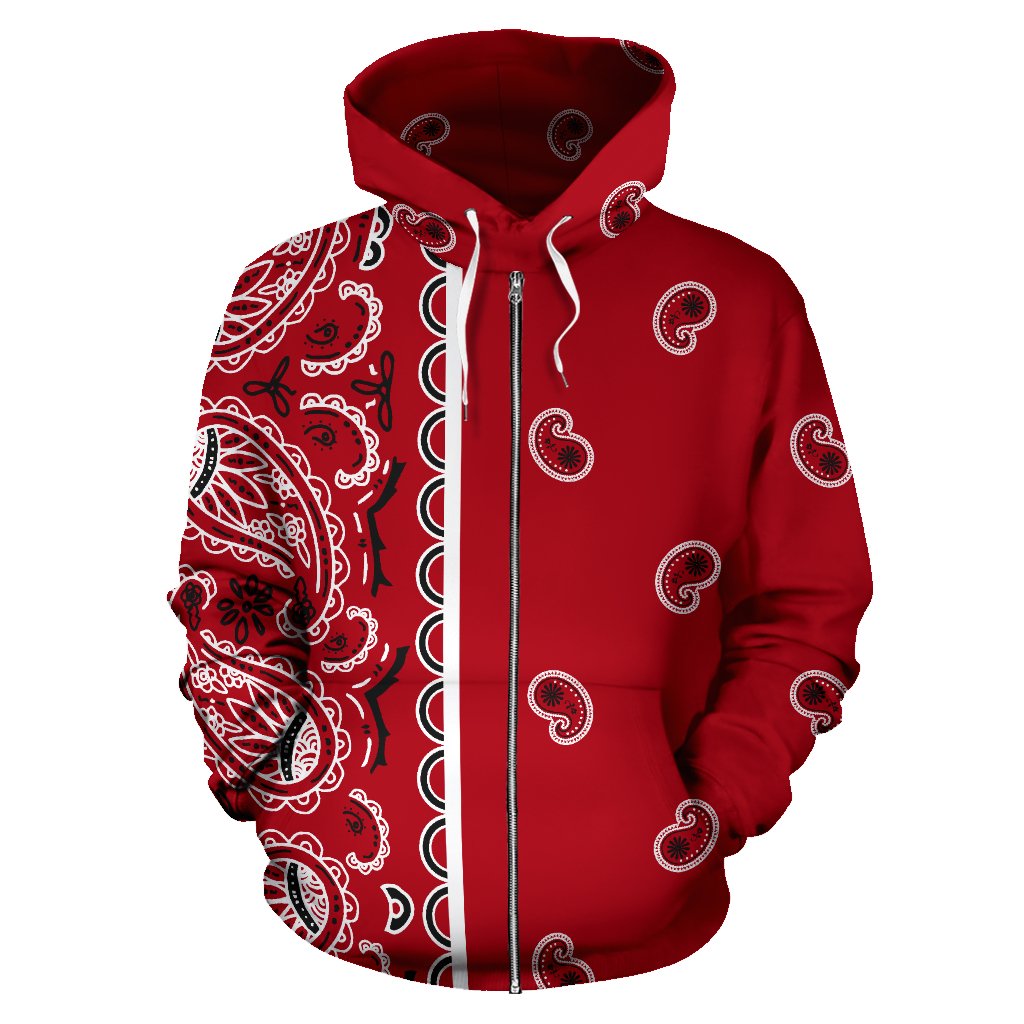 Asymmetrical Classic Red Bandana Zip Hoodie