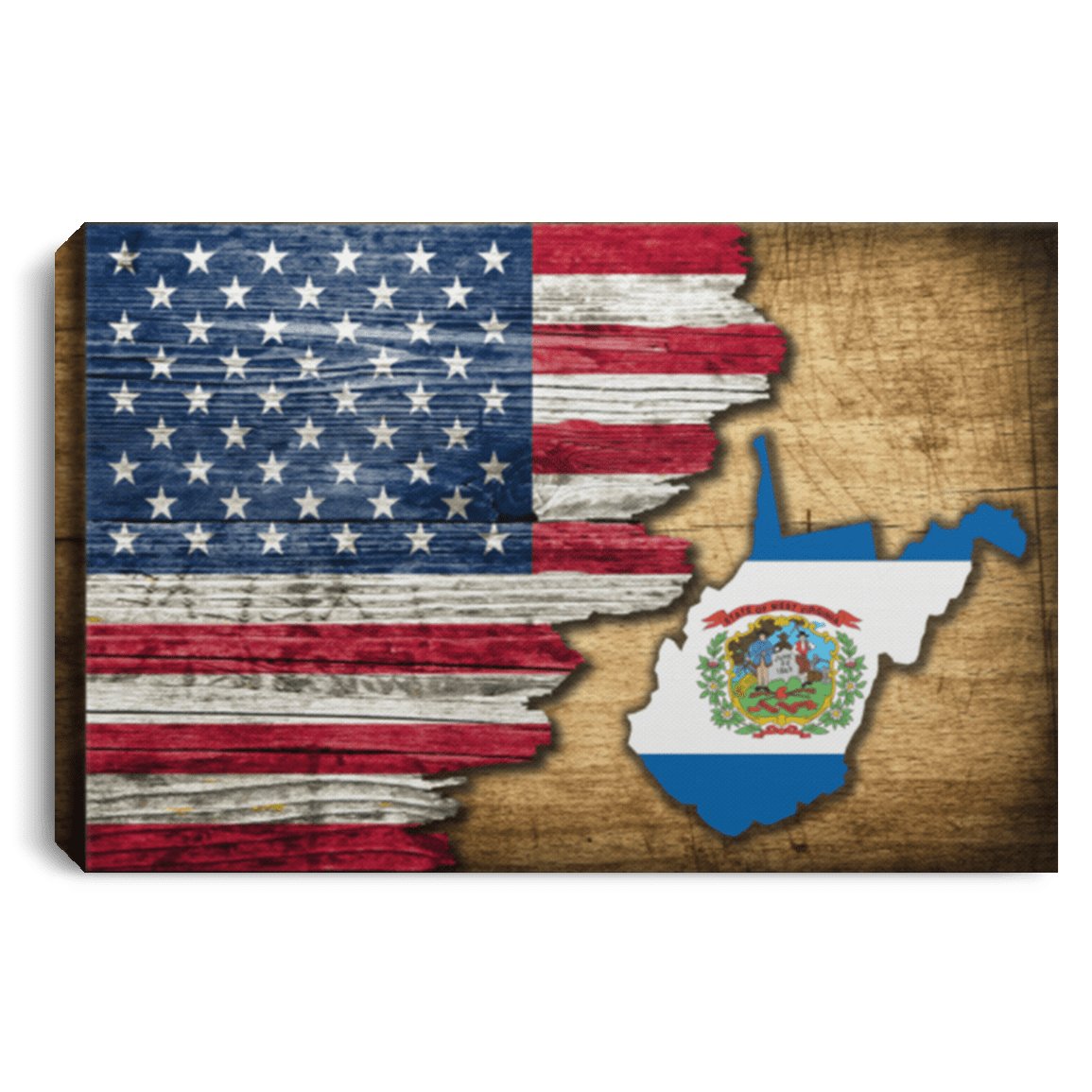 United States/West Virginia Flag Ripped Effect 12X8 Inches Landscape Canvas .75In Frame