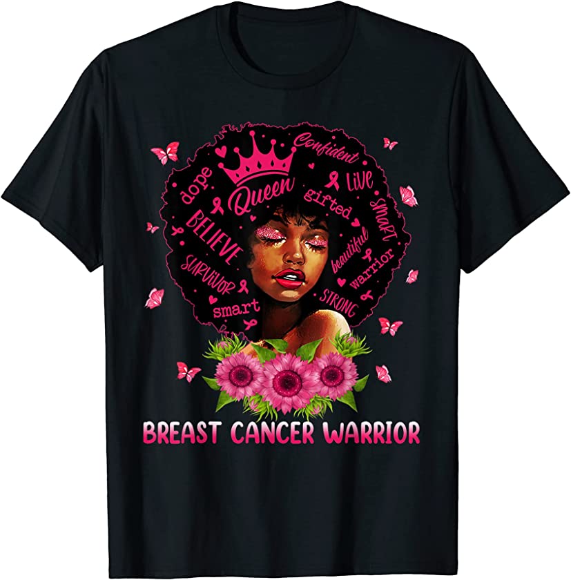 Black Women Black Queen Breast Cancer Warrior Pink Ribbon T-Shirt