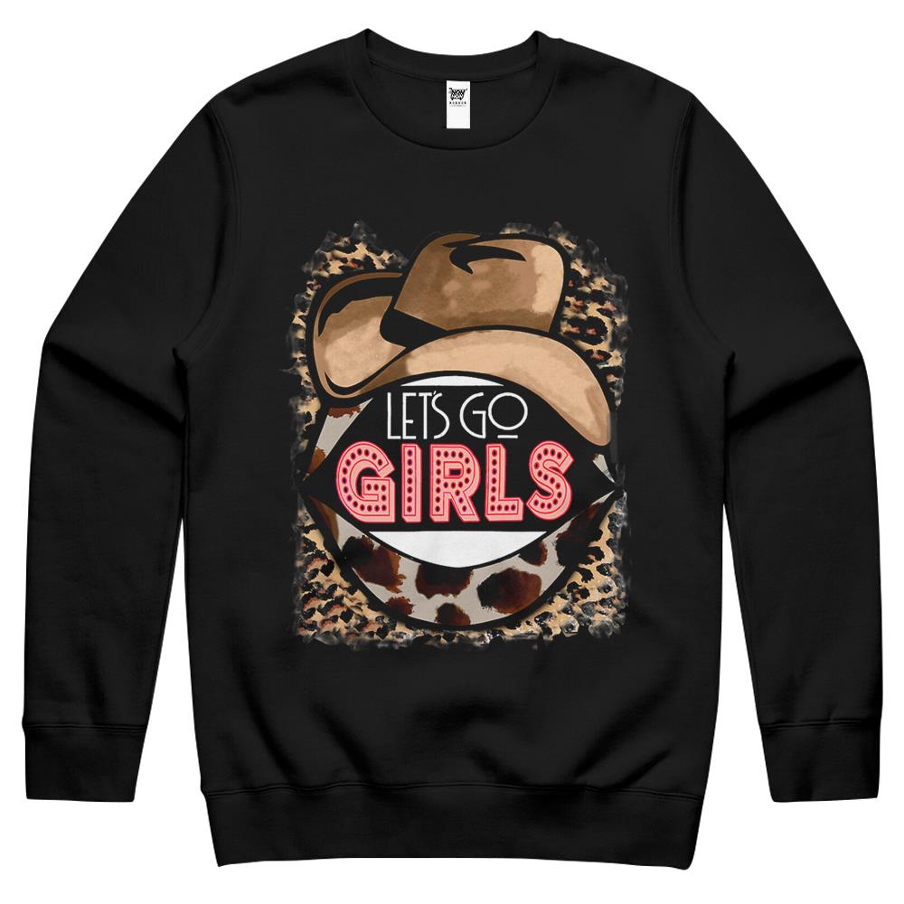 Retro Leopard Cowboy Hat Let’S Go Girls Western Cowgirls Crewneck Sweatshirt