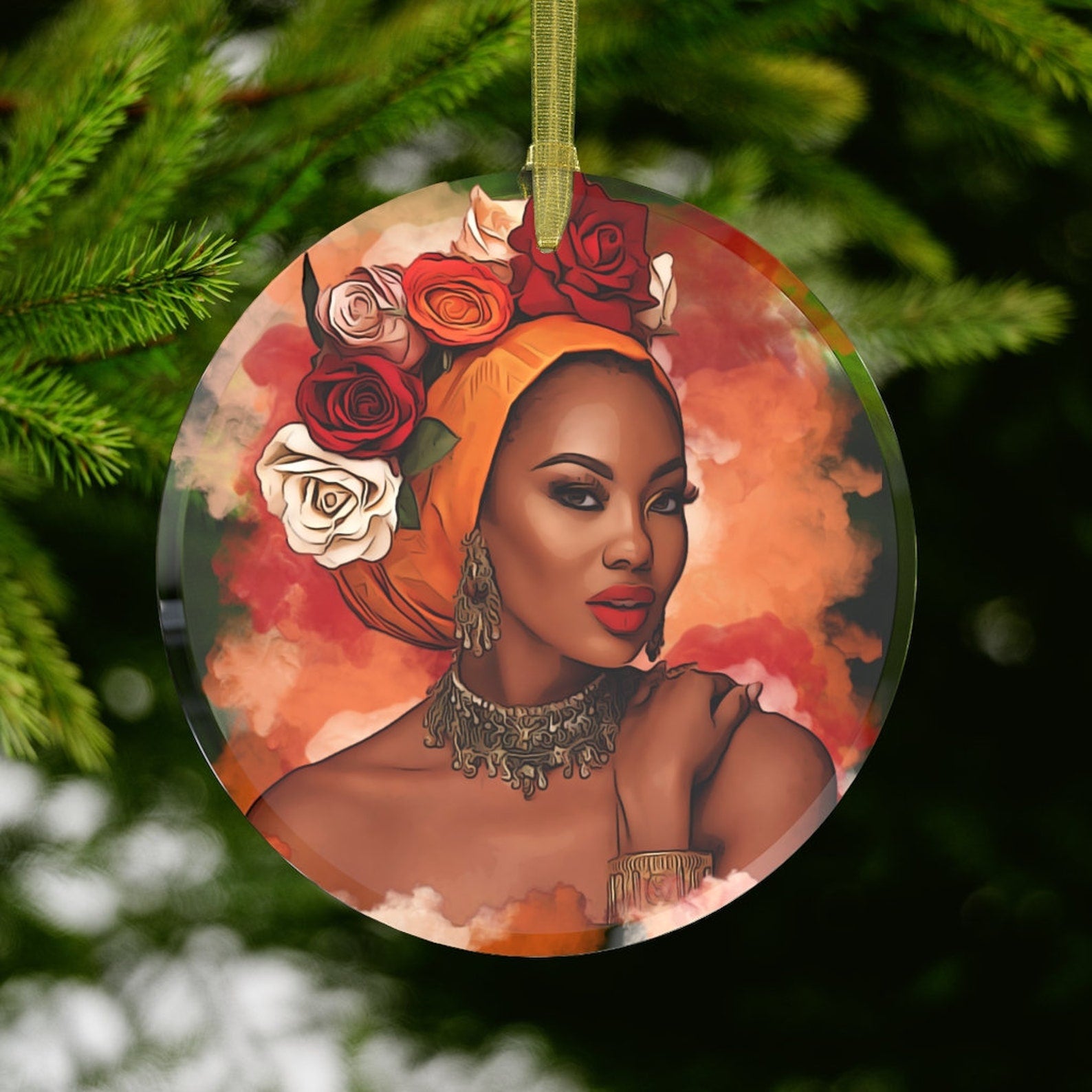 Powerful Black Queen Black Girl Glass Gifts For Black Women Holiday Flower Head Scarf Wrap Floral Orange Red Christmas Ornament